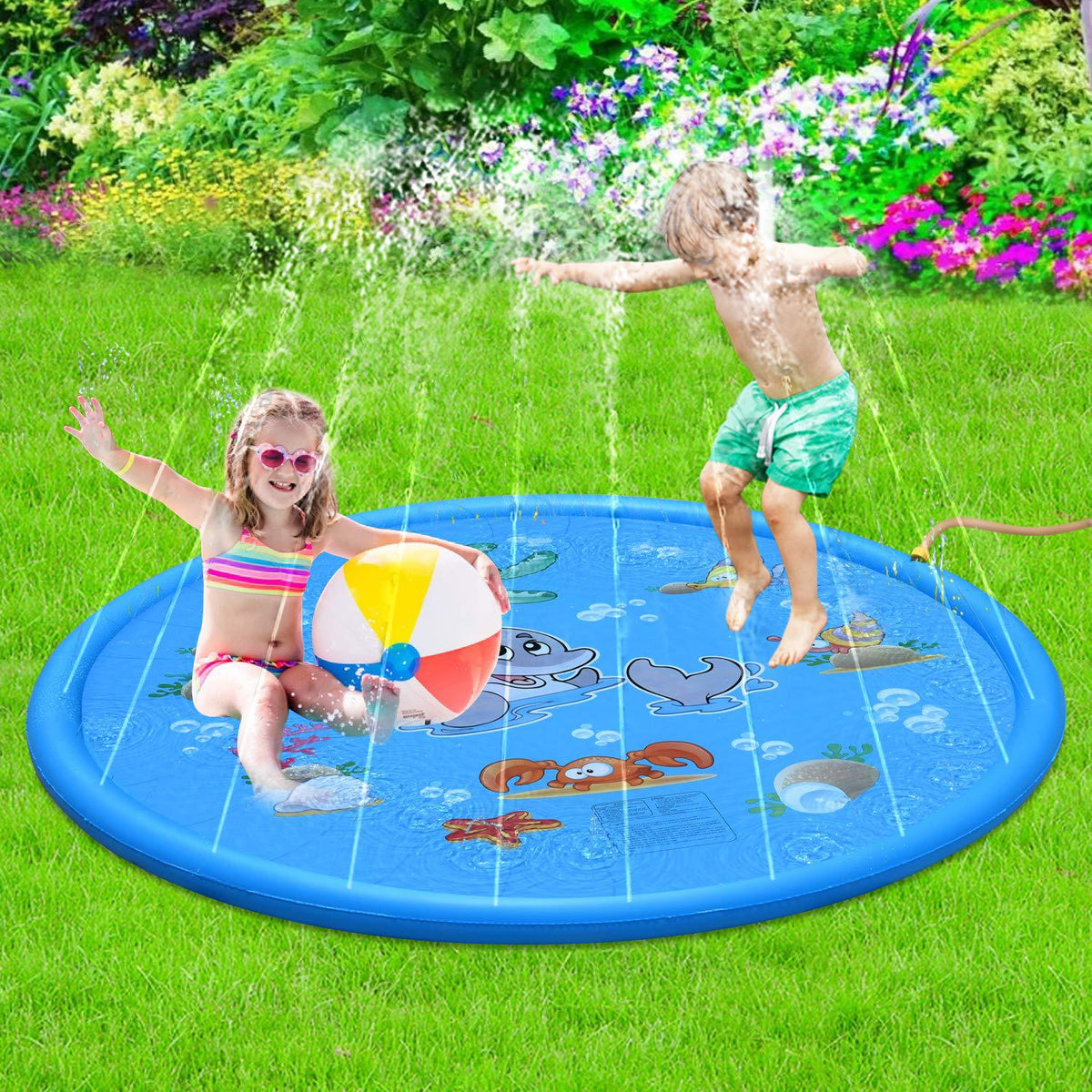 Child playing on blue 100 cm sprinkler splash mat outdoors