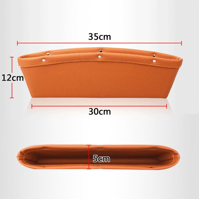 Faux-leather car seat gap pocket close-up