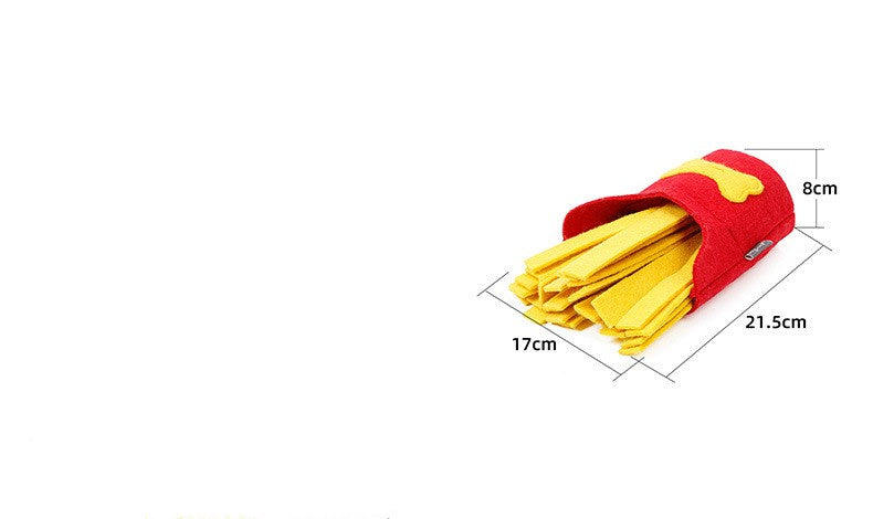 Dog using the red and yellow French fries snuffle toy