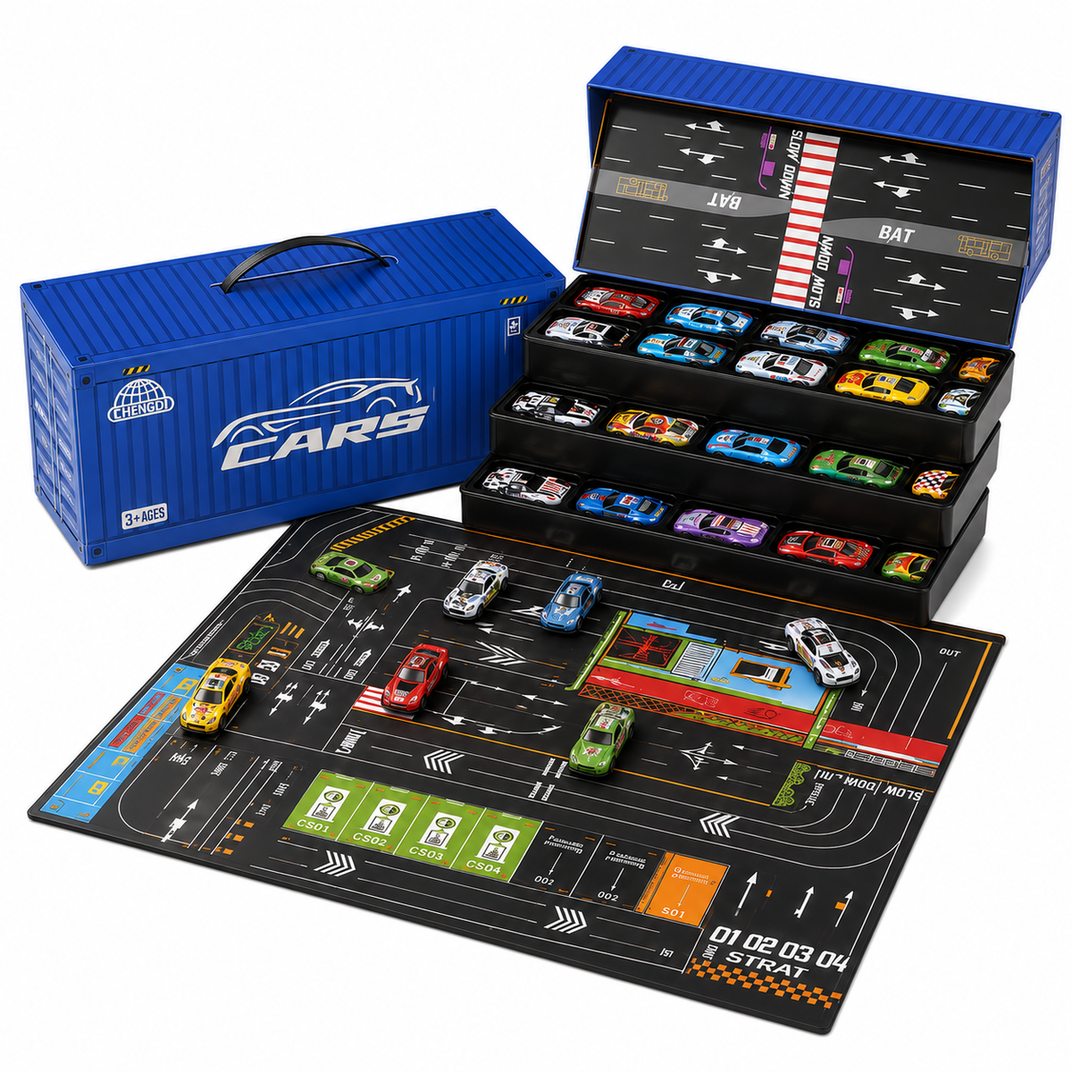 48 Mini Cars with Carry Case & Road Play Mat — Blue — product image 3