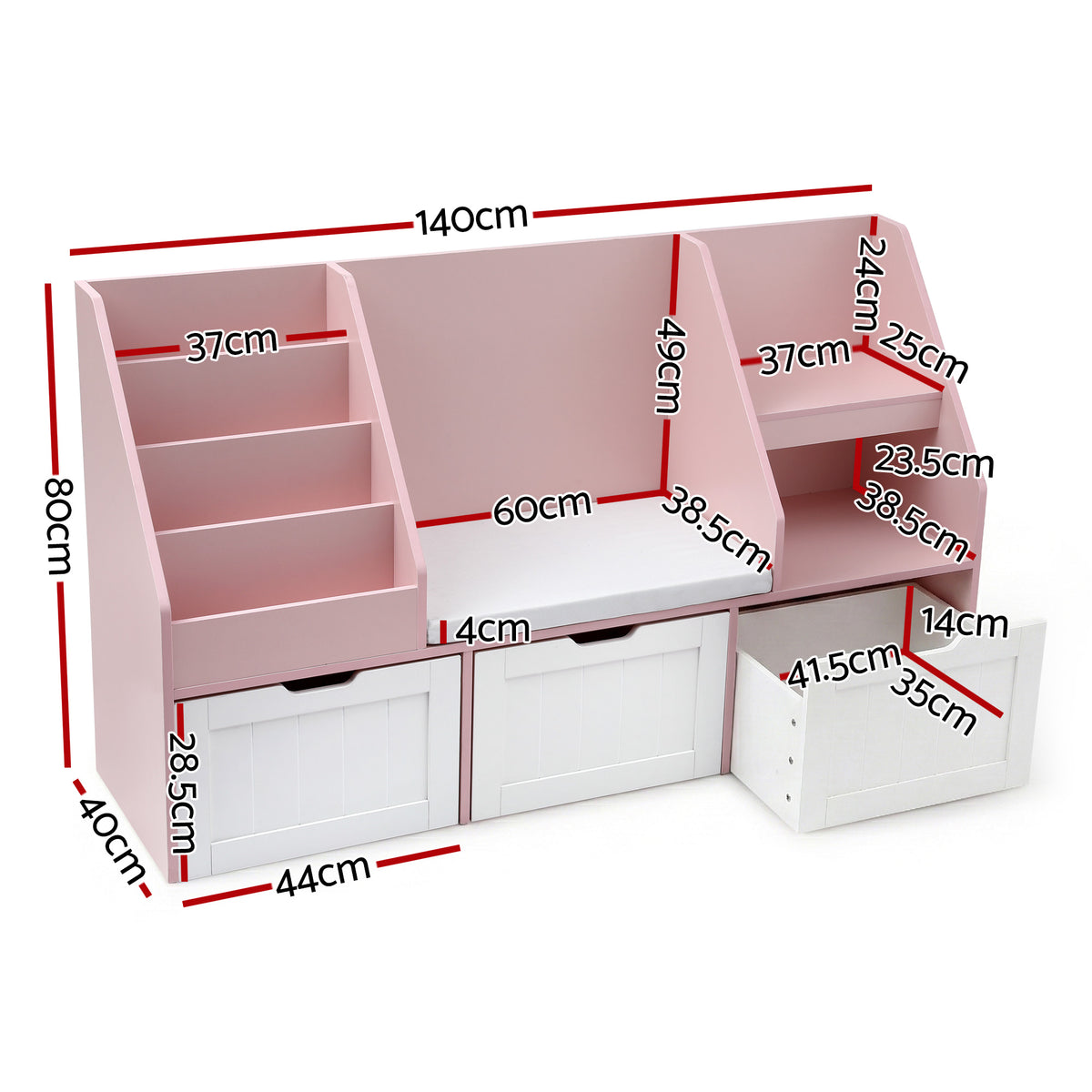 Keezi Kids' Bookshelf, Storage & Bench — Pink — product image 3