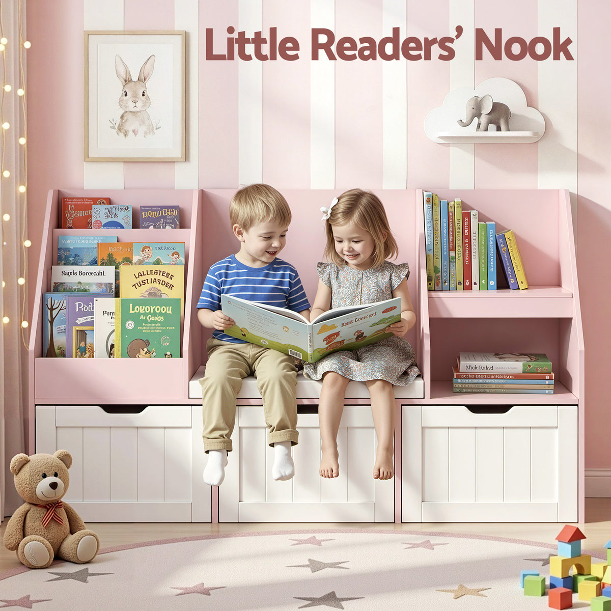 Keezi Kids' Bookshelf, Storage & Bench — Pink — product image 5