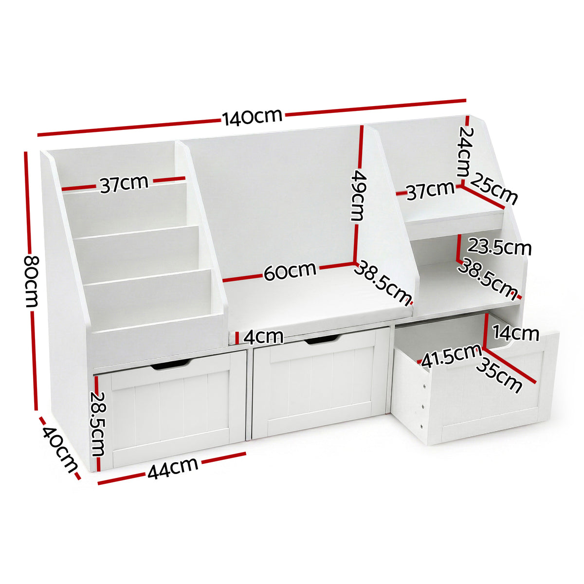 Keezi Kids' Bookshelf, Storage & Bench — White — product image 3