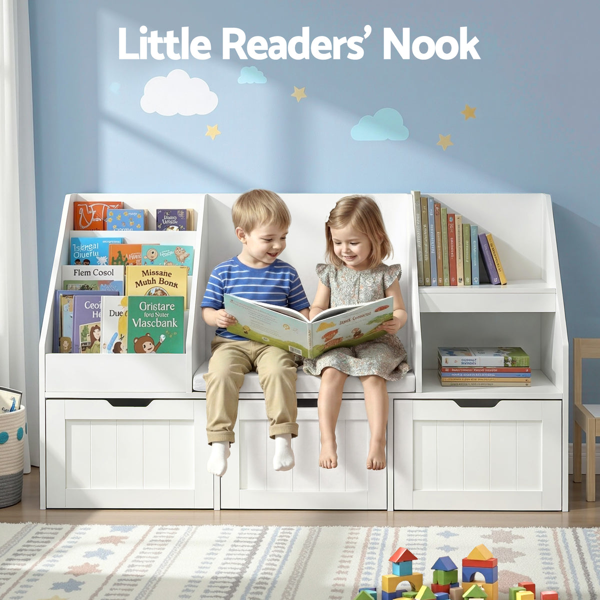 Keezi Kids' Bookshelf, Storage & Bench — White — product image 5