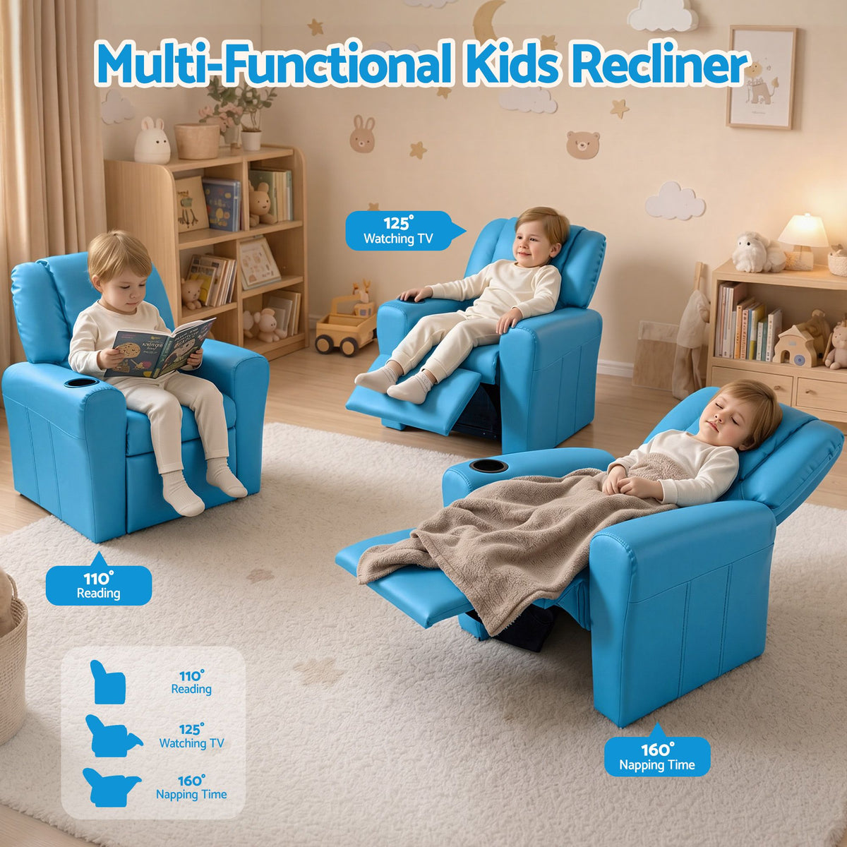 Keezi Kids' PU Leather Recliner — Blue — product image 4