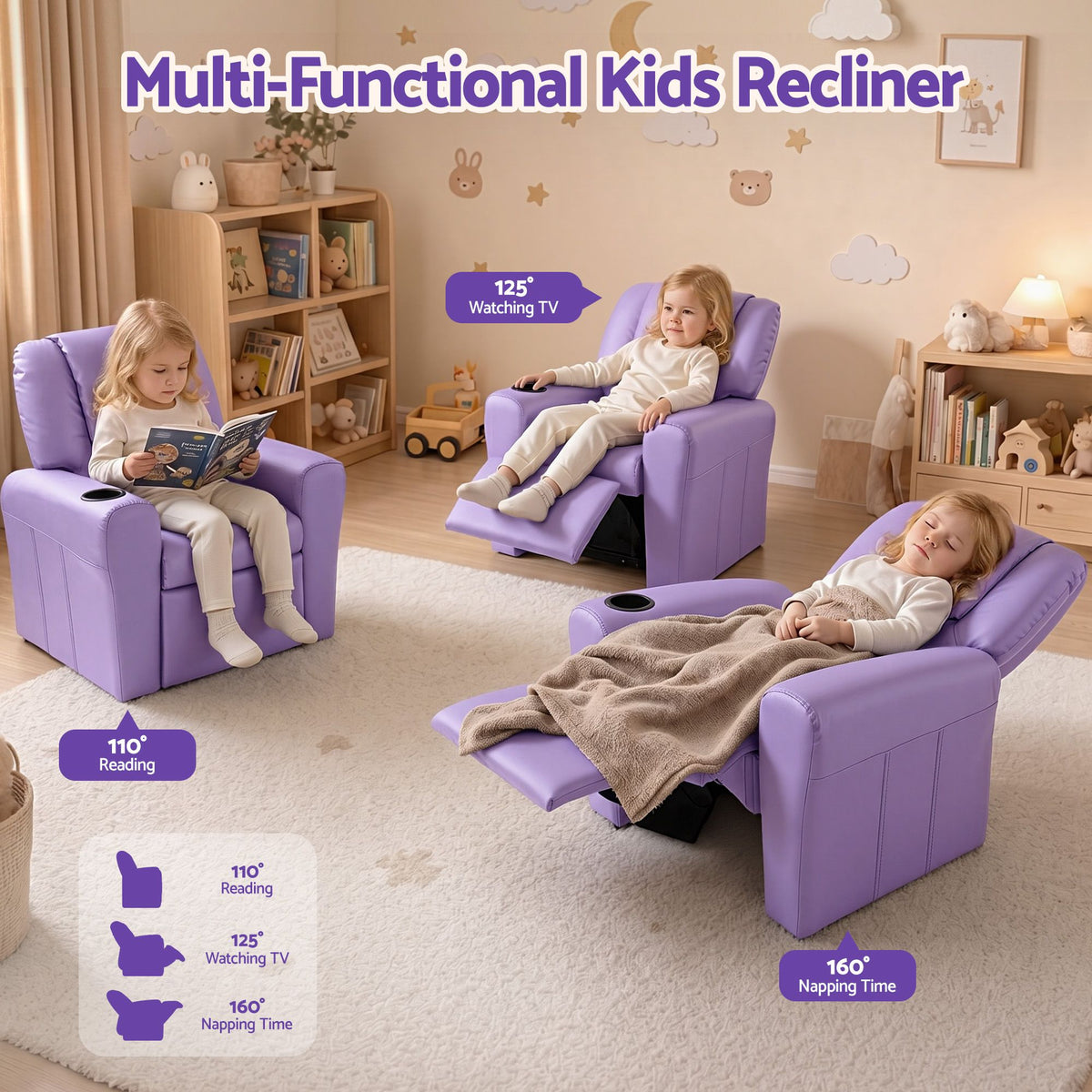 Keezi Kids' PU Leather Recliner — Purple — product image 4