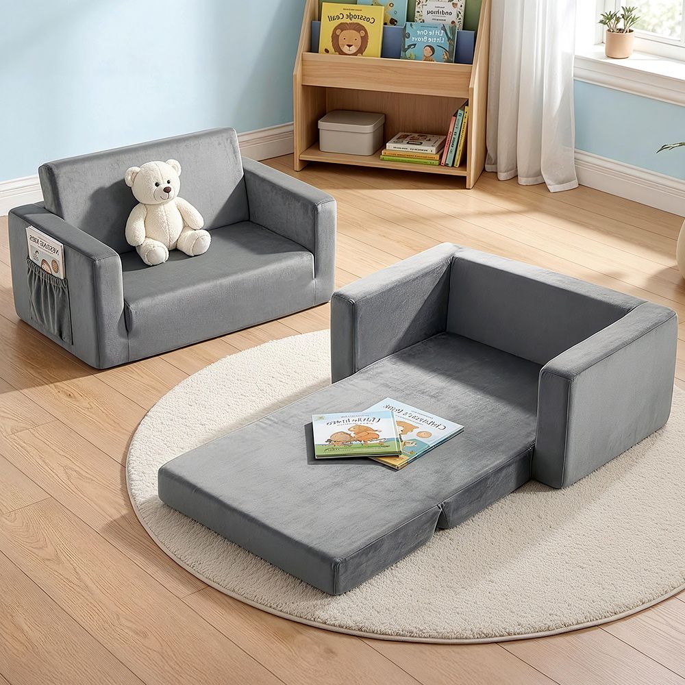 Keezi Kids' 2-Seater Flip-Out Sofa — Grey Velvet — product image 1