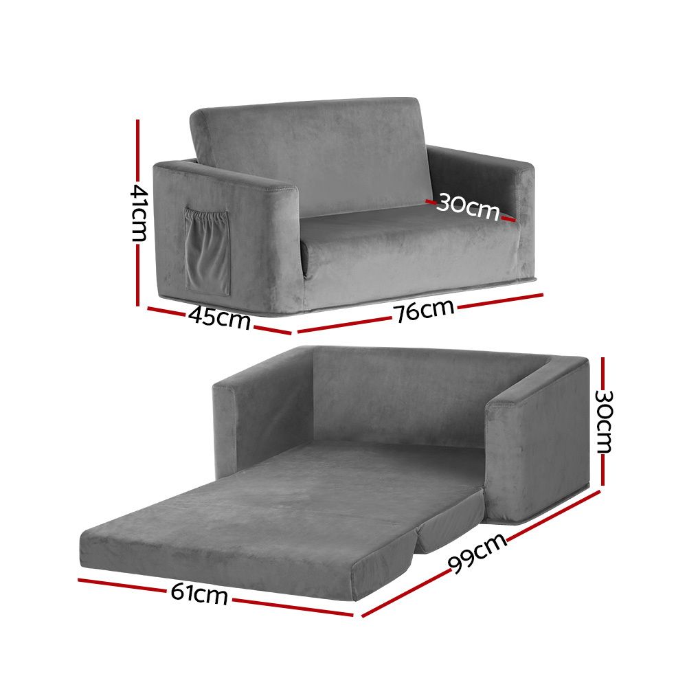 Keezi Kids' 2-Seater Flip-Out Sofa — Grey Velvet — product image 3