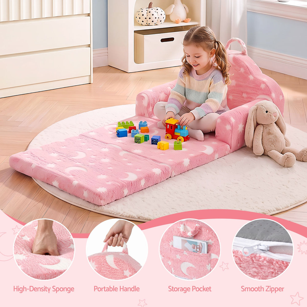 Keezi Kids 2-in-1 Fold Out Sofa Bed with Removable Washable Cover, Carry Handle, Storage Pocket — product image 8