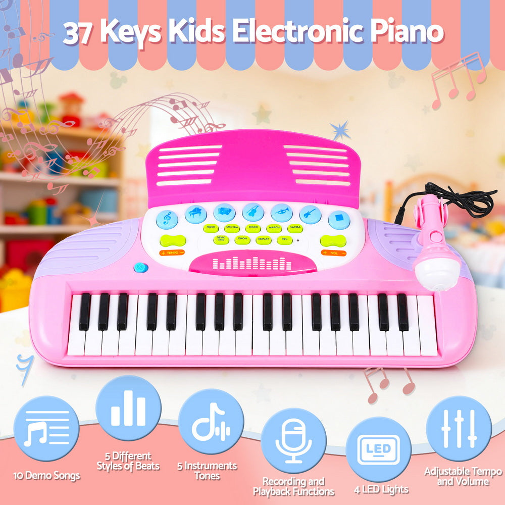 Keezi 37-Key Kids Keyboard with Stool & Microphone — Pink