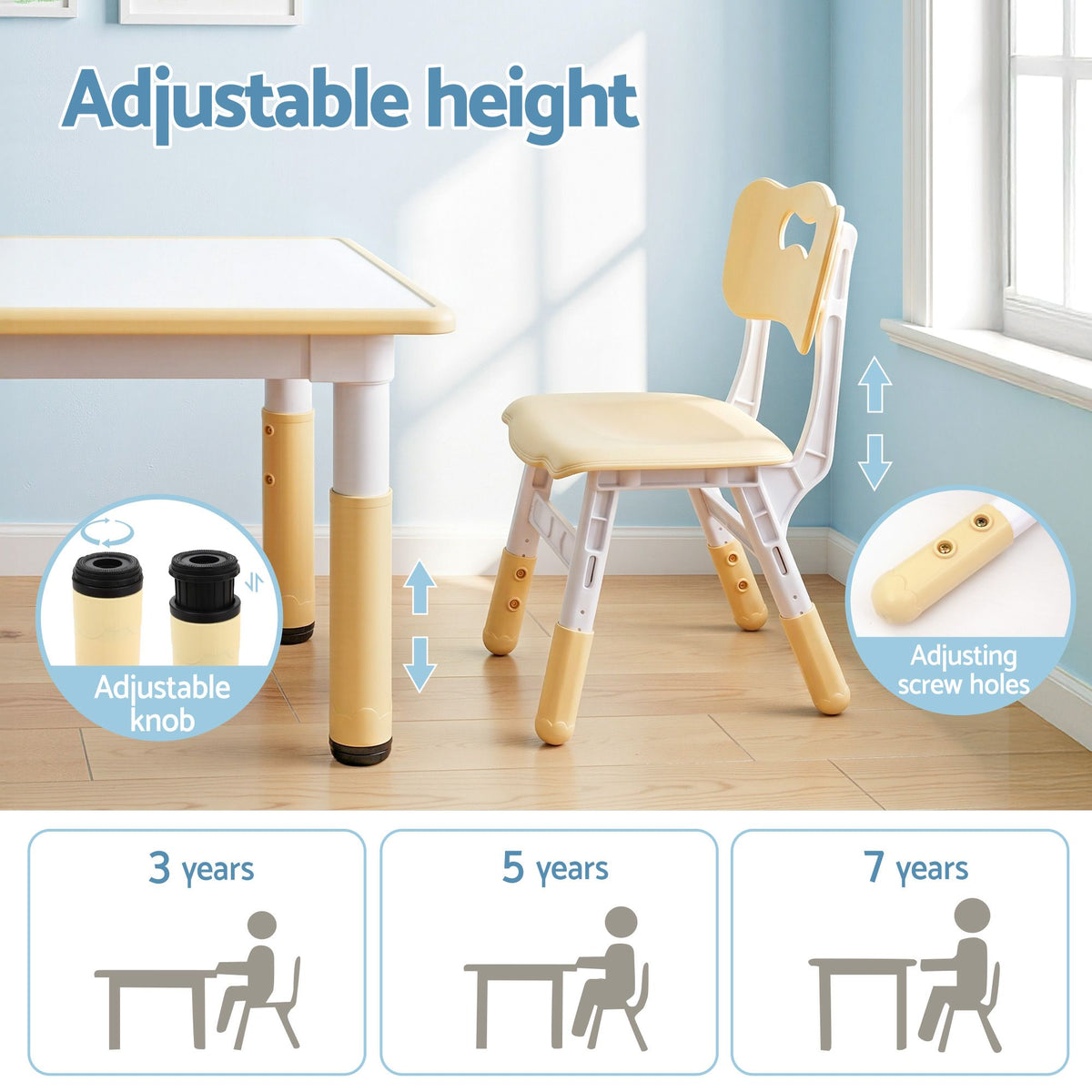 Keezi Kids Table and 2 Chairs Set Height Adjustable Toddler Desk and Chair Set for Ages 3-8 – Yellow — product image 4