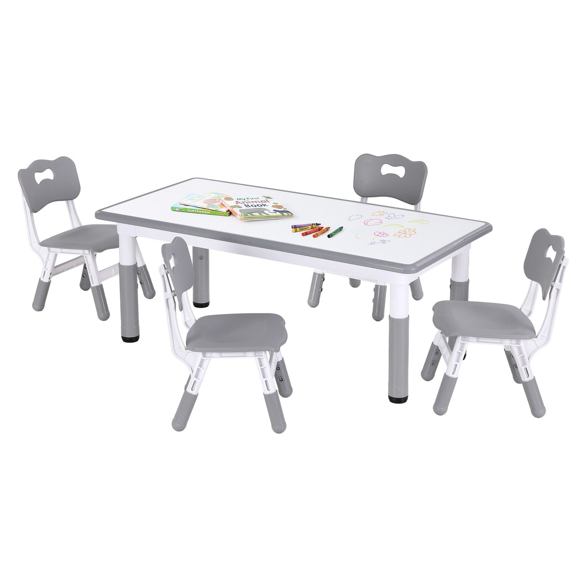 Keezi Kids Table and 4 Chairs Set Height Adjustable Toddler Desk and Chair Set for Ages 3-8 – Grey — product image 1