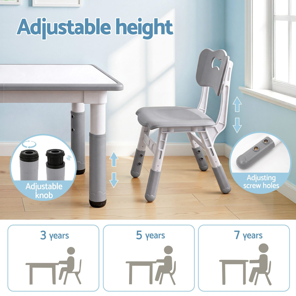 Keezi Kids Table and 4 Chairs Set Height Adjustable Toddler Desk and Chair Set for Ages 3-8 – Grey — product image 4
