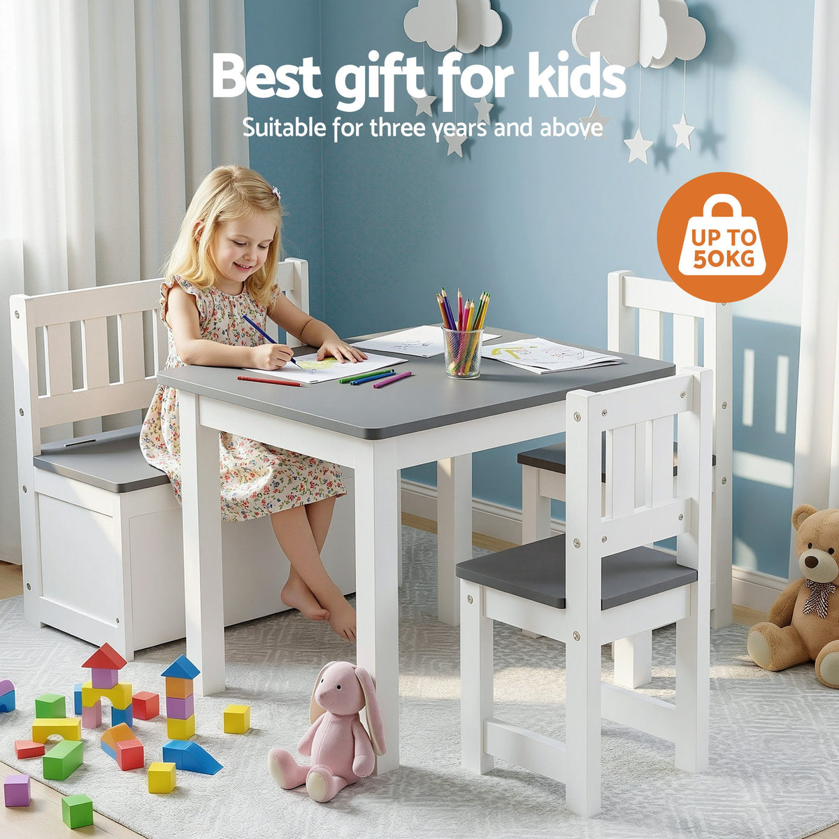 Keezi 4-Piece Kids Table & Chair Set with Storage – Grey — product image 4