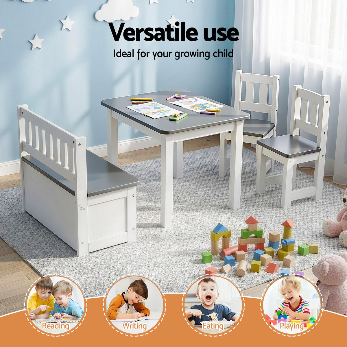 Keezi 4-Piece Kids Table & Chair Set with Storage – Grey — product image 5