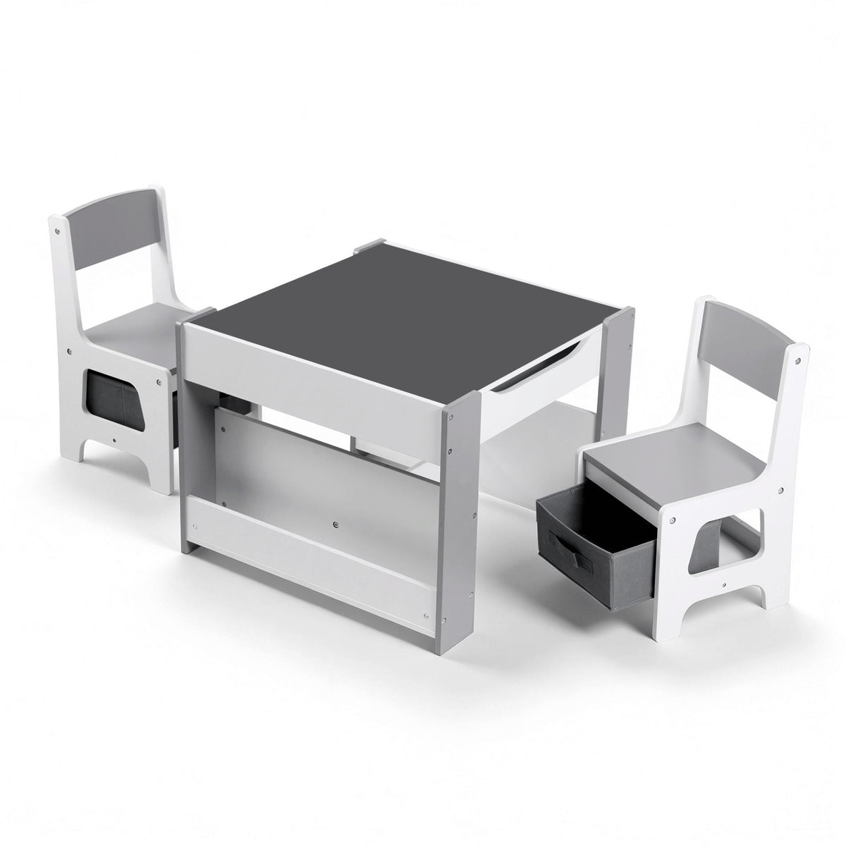 Keezi Kids Table and Chair Set, 4 in 1 Wooden Activity Table with Bookcase – Grey — product image 3