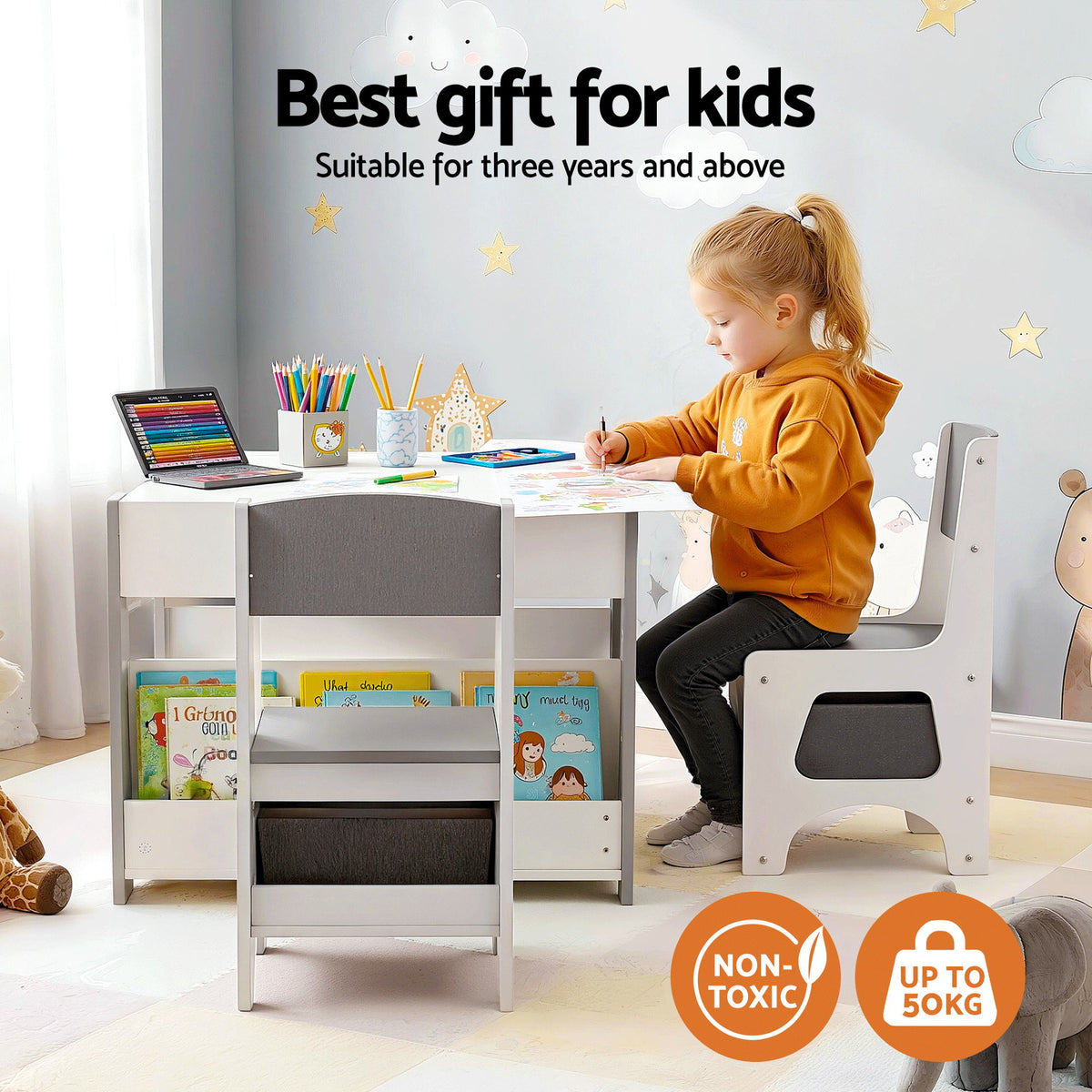 Keezi Kids Table and Chair Set, 4 in 1 Wooden Activity Table with Bookcase – Grey — product image 4