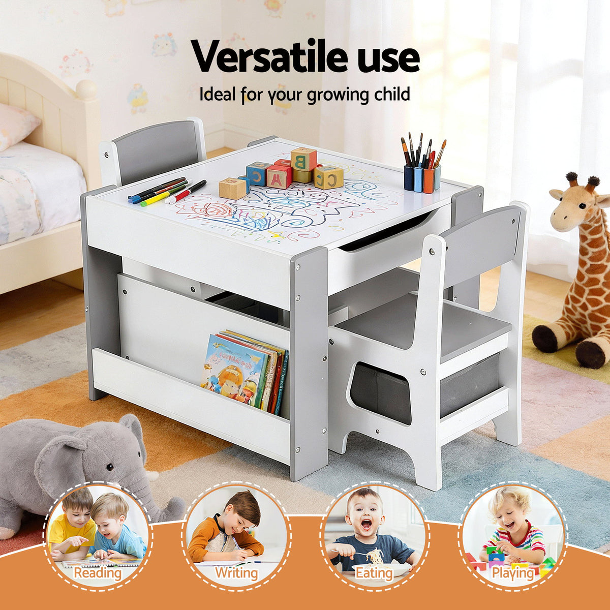 Keezi Kids Table and Chair Set, 4 in 1 Wooden Activity Table with Bookcase – Grey — product image 5