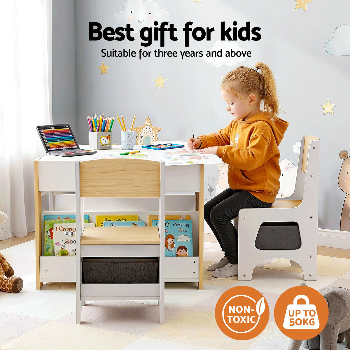 Keezi Kids Table and Chair Set, 4 in 1 Wooden Activity Table with Bookcase – Natural — product image 4