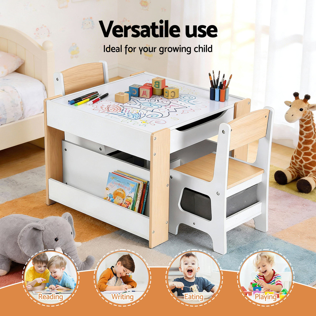 Keezi Kids Table and Chair Set, 4 in 1 Wooden Activity Table with Bookcase – Natural — product image 5