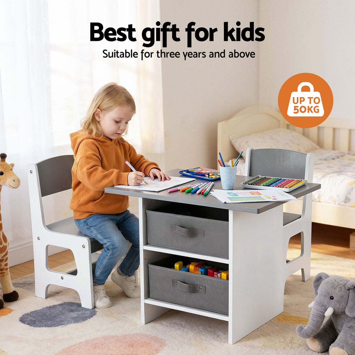 Keezi Wooden Table & 2 Chairs with Drawers — Grey — product image 4