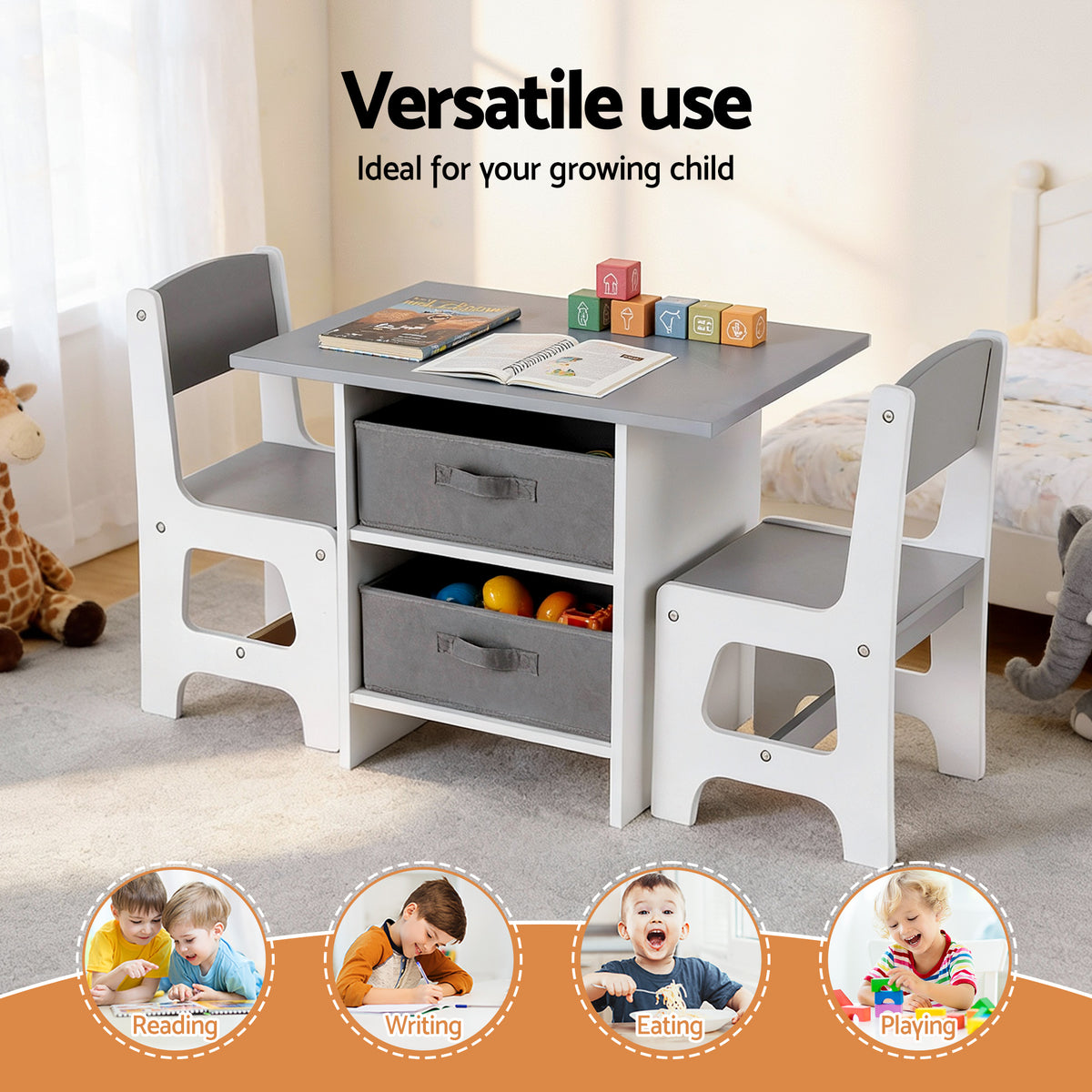 Keezi Wooden Table & 2 Chairs with Drawers — Grey — product image 5