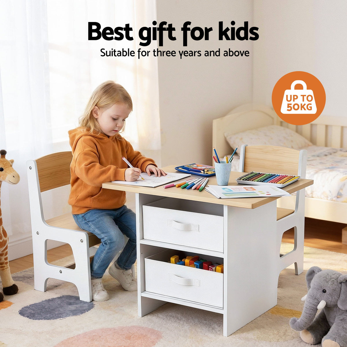 Keezi Wooden Table & 2 Chairs with Drawers — Natural — product image 4