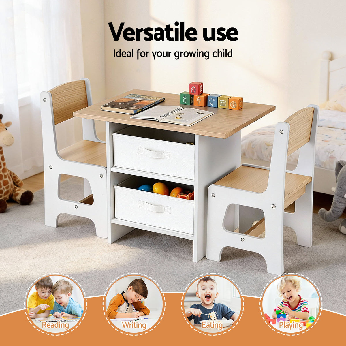 Keezi Wooden Table & 2 Chairs with Drawers — Natural — product image 5