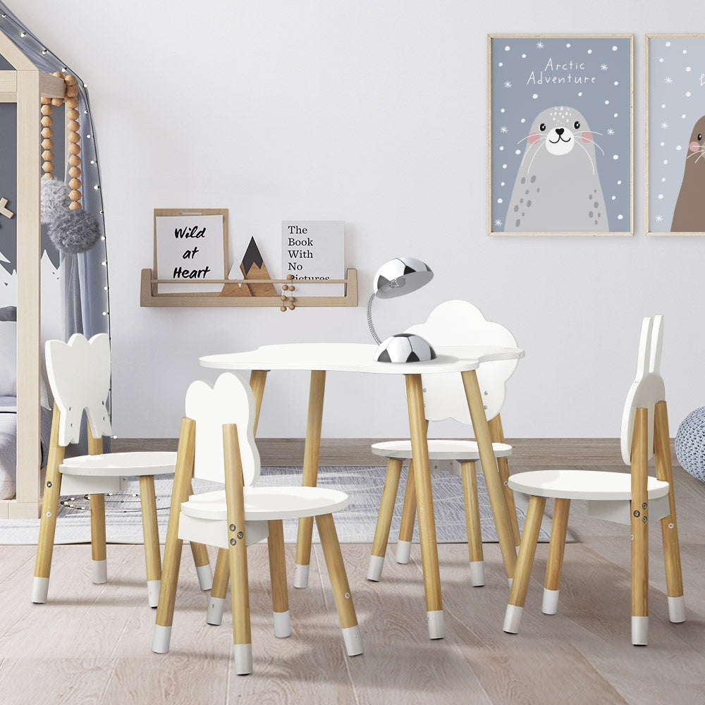Keezi Kids' Table & Four Shape Chairs — White & Natural