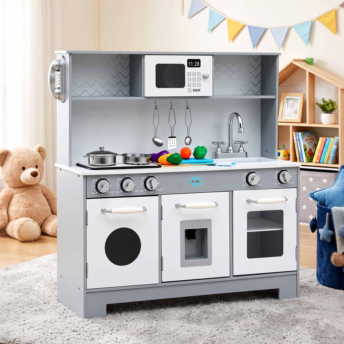 Keezi Wooden Play Kitchen & Food Set — Grey, 82 cm — product image 1