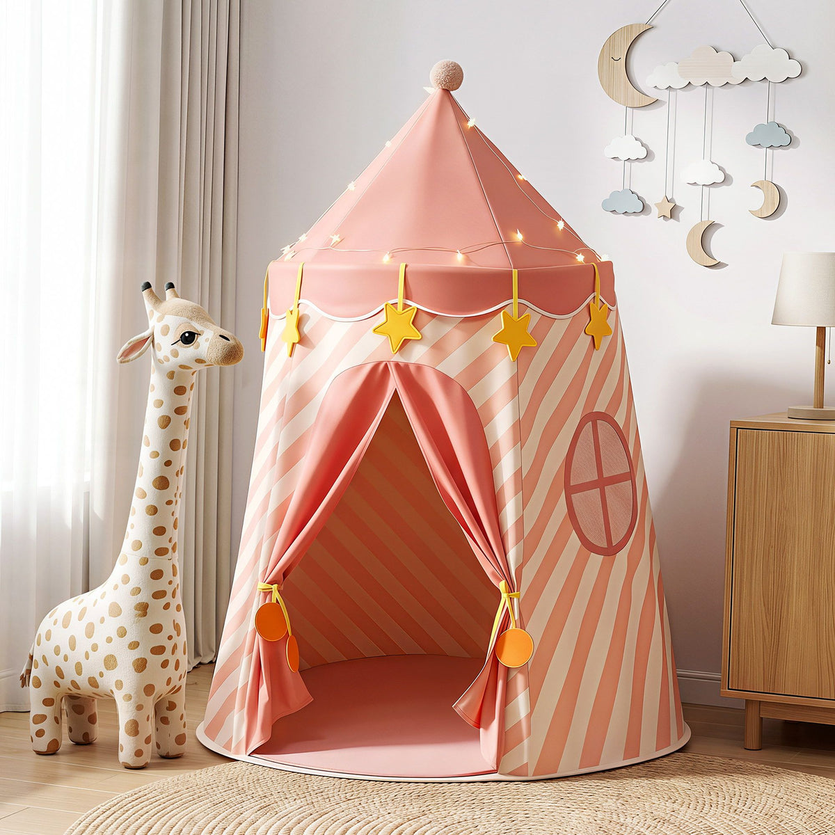 Keezi Pink Star Play Tent with Lights & Mat
