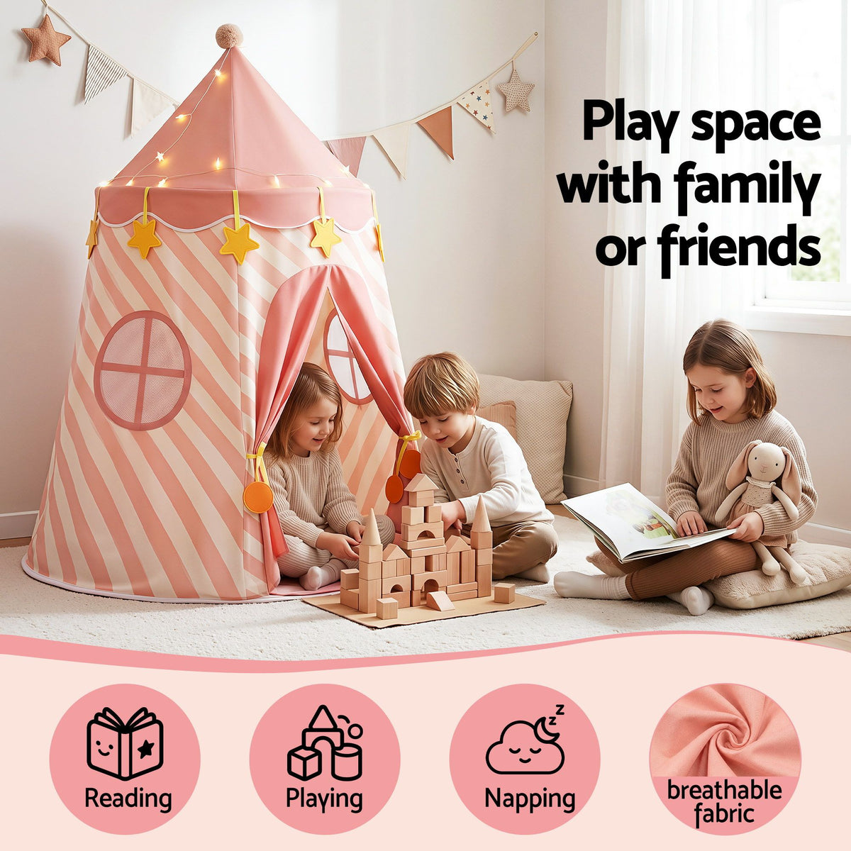 Keezi Pink Star Play Tent with Lights & Mat