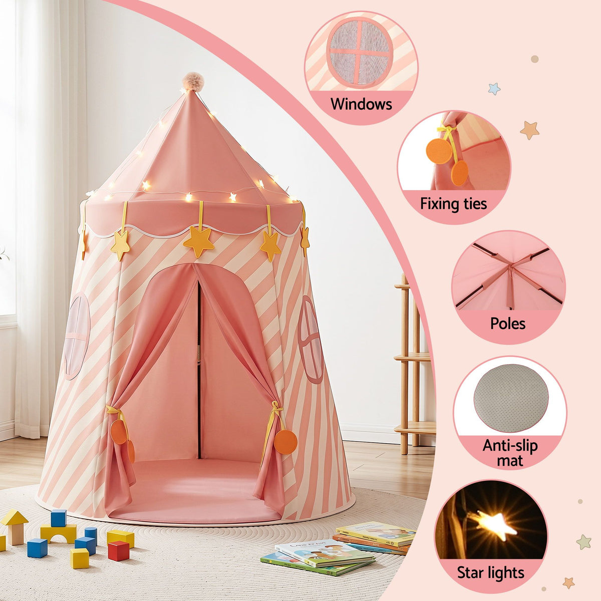 Keezi Pink Star Play Tent with Lights & Mat