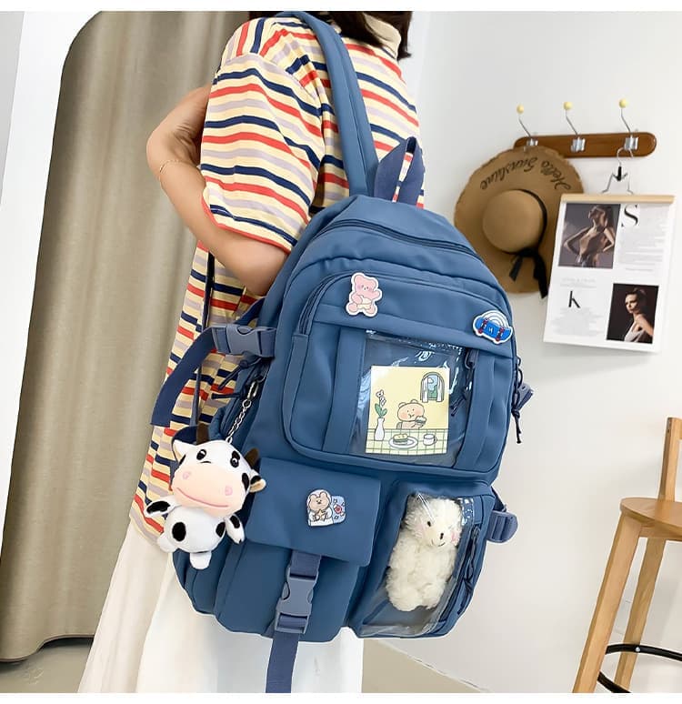 School Backpack with Accessories & Plush Charm — Blue — product image 4