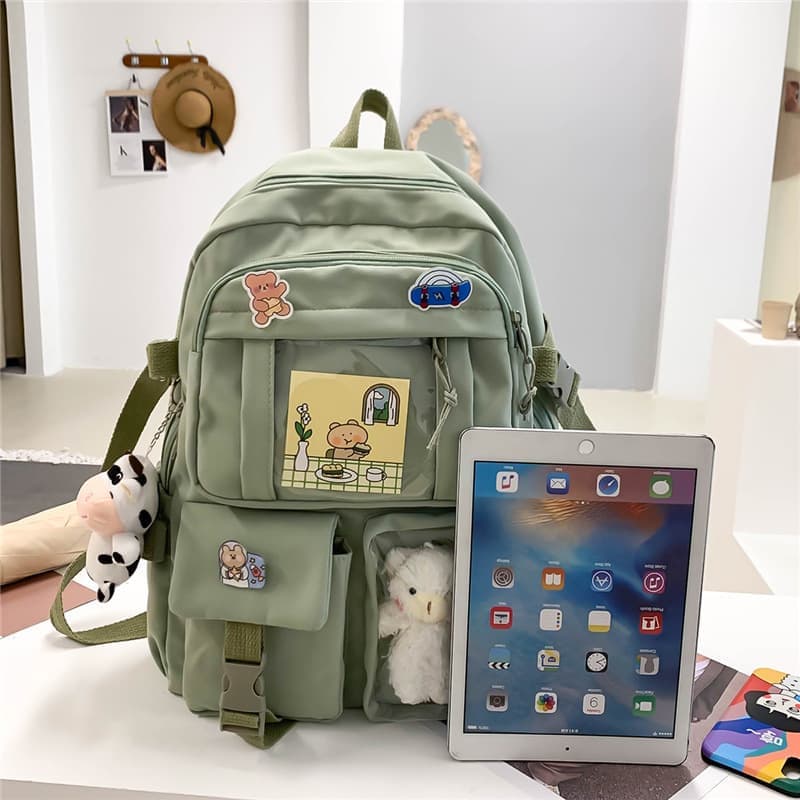School Backpack with Accessories & Plush Charm — Green — product image 2