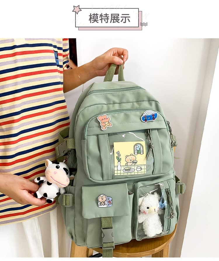 School Backpack with Accessories & Plush Charm — Green — product image 3