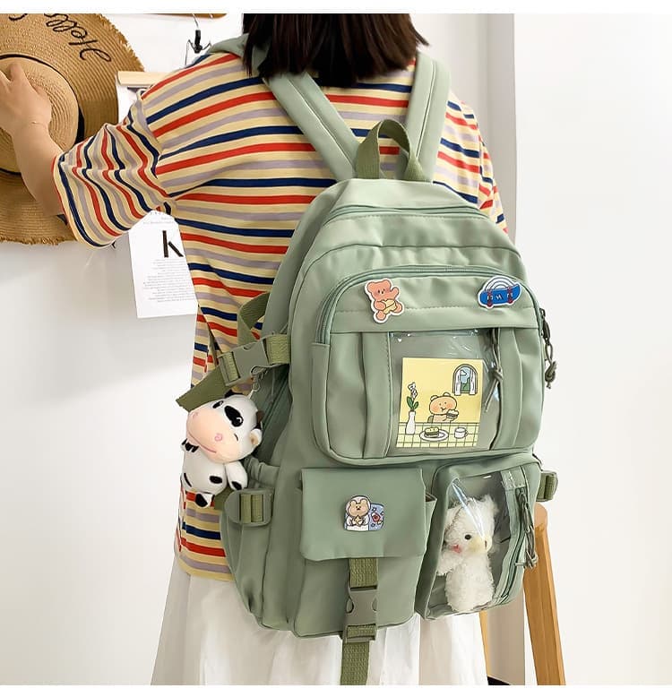 School Backpack with Accessories & Plush Charm — Green — product image 4