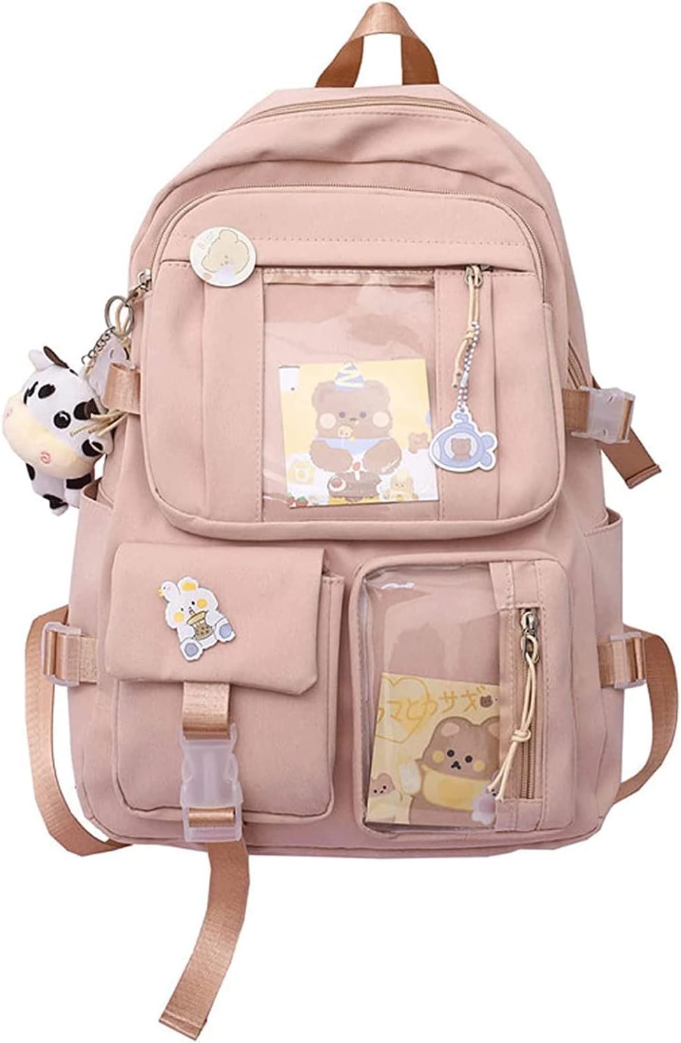 School Backpack with Pins & Plush Charm — Pink — product image 1