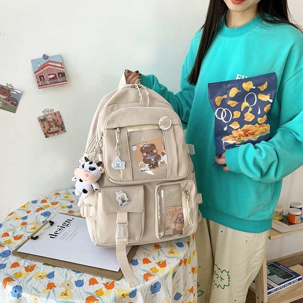 School Backpack with Pins & Plush Charm — Pink — product image 5