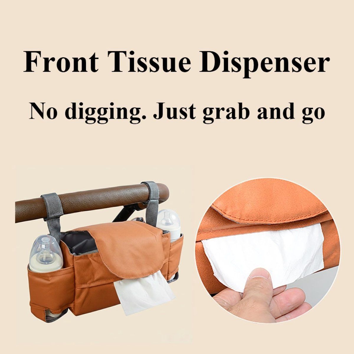 Pram Storage Bag with Cup Holder & Tissue Pocket — Brown — product image 3
