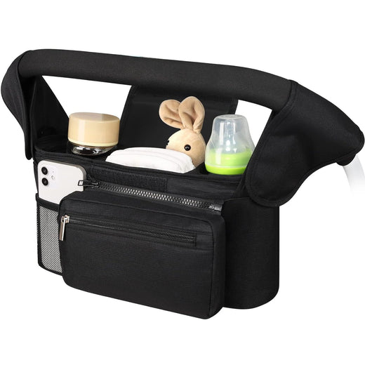 Pram Organiser with Insulated Cup Holders & Phone Pouch — Black