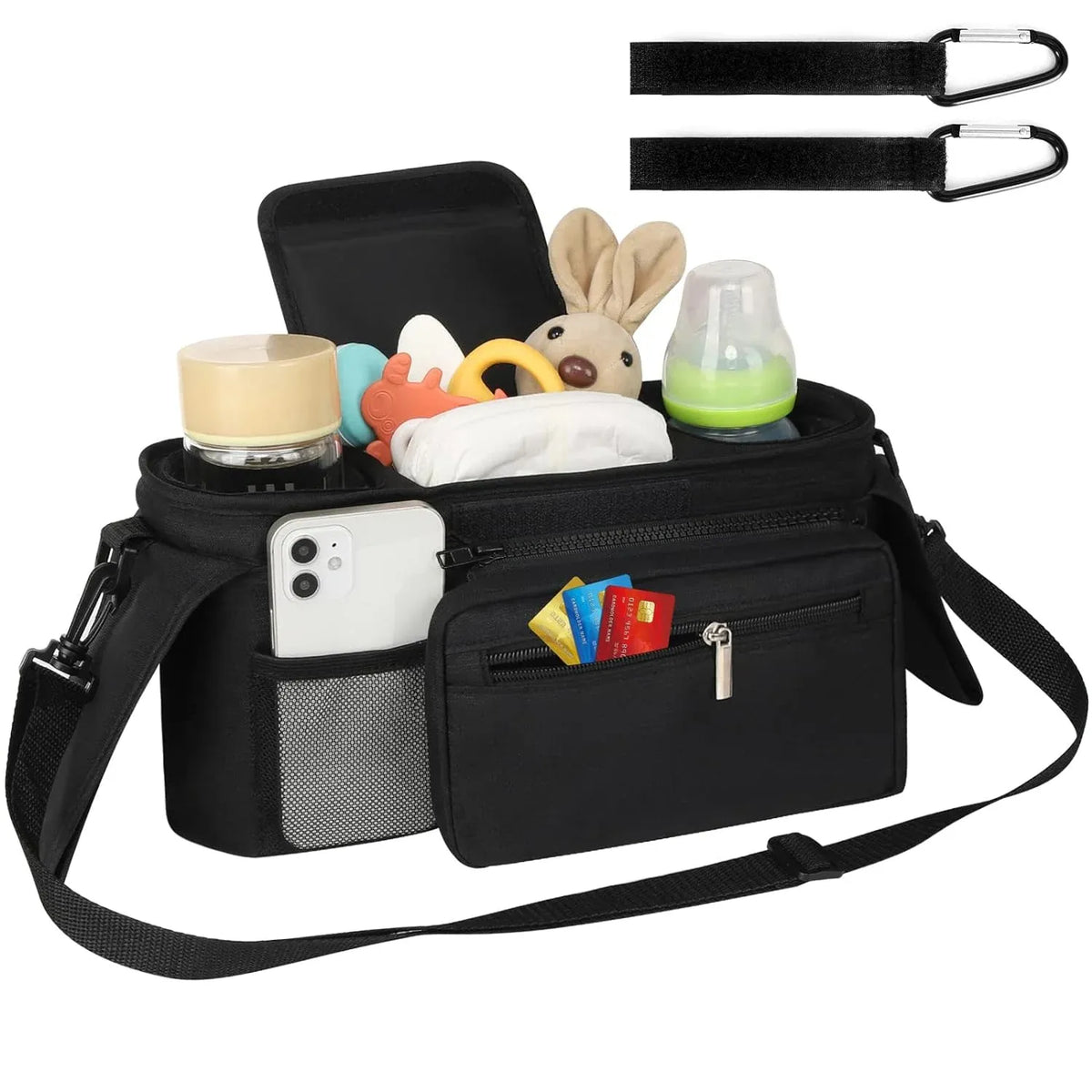Pram Organiser with Insulated Cup Holders & Phone Pouch — Black — product image 2