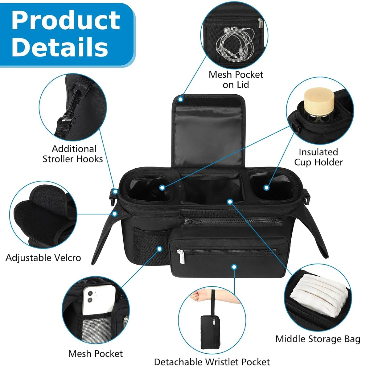 Pram Organiser with Insulated Cup Holders & Phone Pouch — Black — product image 4