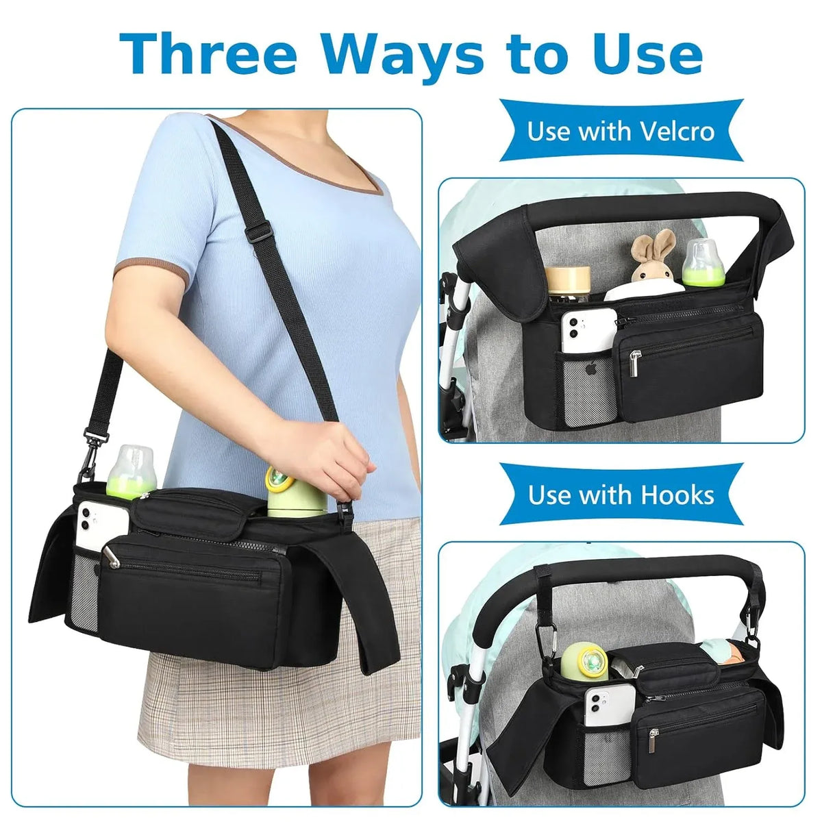 Pram Organiser with Insulated Cup Holders & Phone Pouch — Black — product image 5