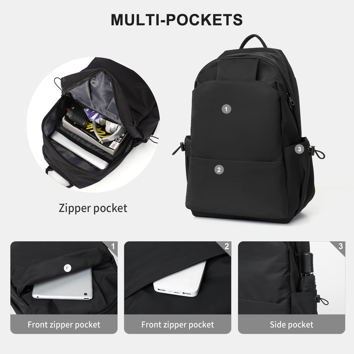 Unisex Lightweight Water-Resistant Backpack Black — product image 3