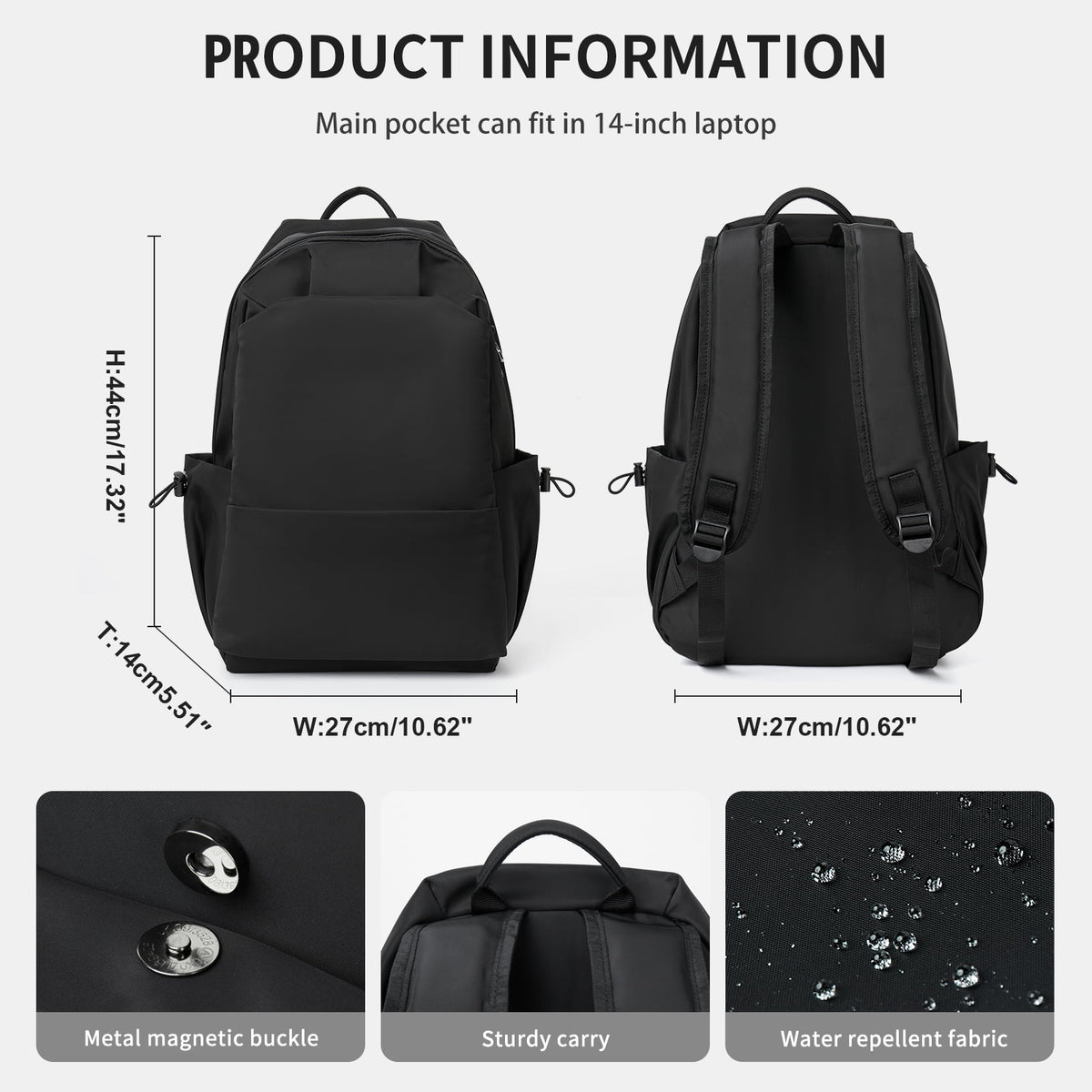 Unisex Lightweight Water-Resistant Backpack Black — product image 4