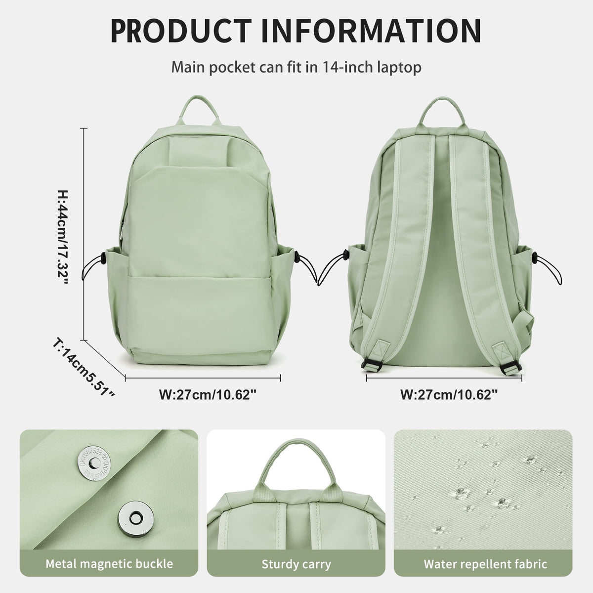 Unisex Lightweight Water-Resistant Backpack, Black Light Green — product image 4