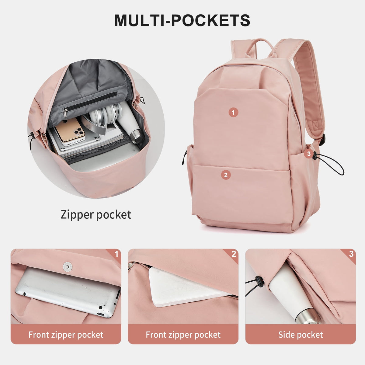 Unisex Lightweight Water-Resistant Backpack, Black Pink — product image 4