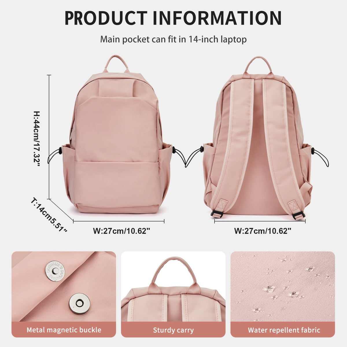 Unisex Lightweight Water-Resistant Backpack, Black Pink — product image 5