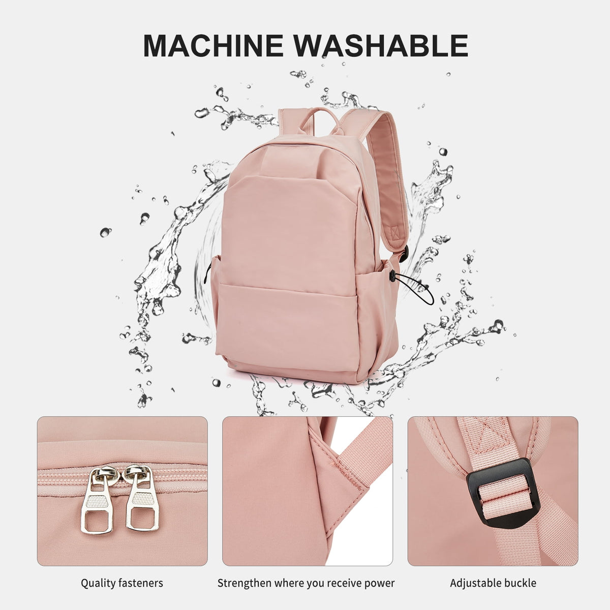 Unisex Lightweight Water-Resistant Backpack, Black Pink — product image 7
